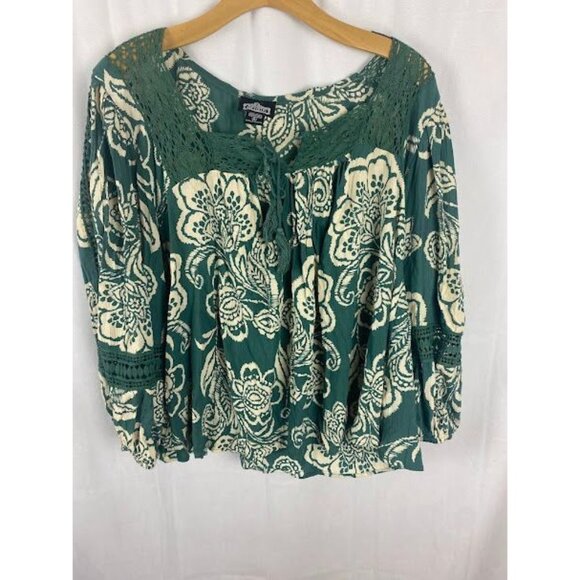 Angie Bohemian Floral Pheasant Green White Top Women's XL - Picture 1 of 9